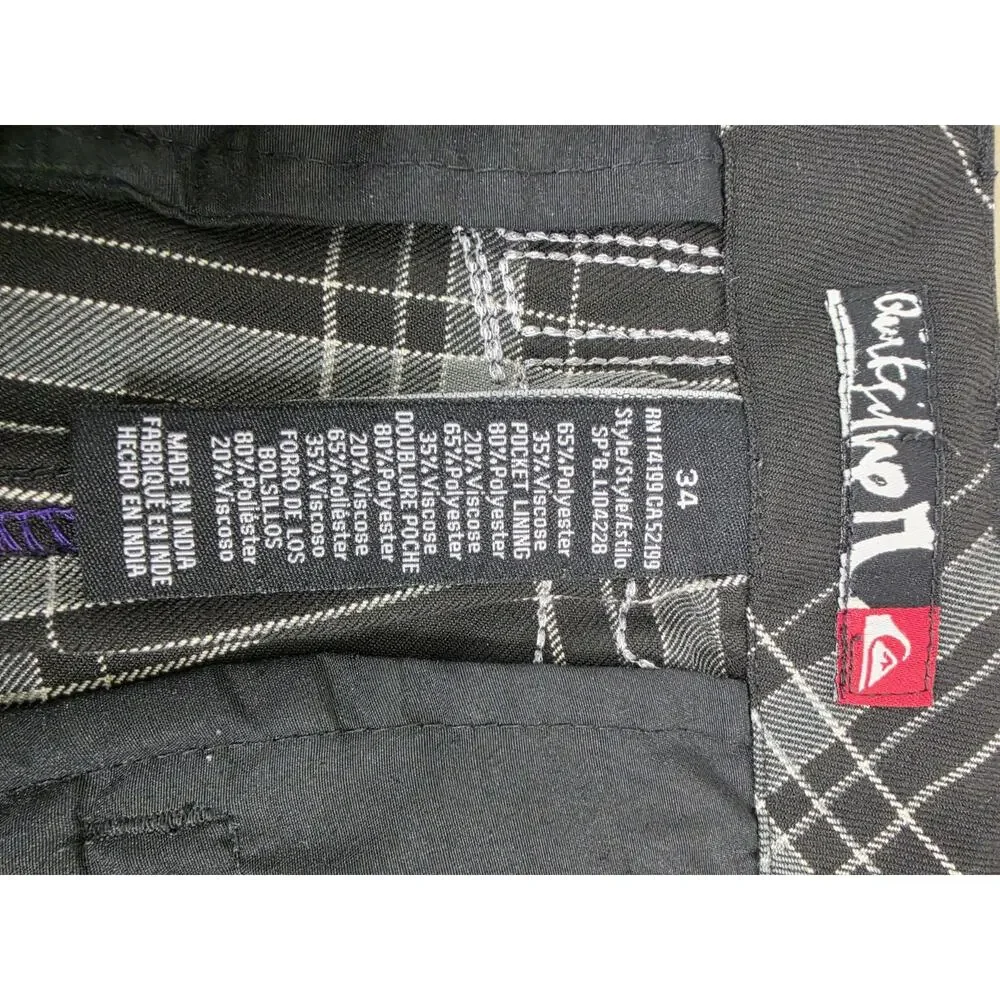 Y2K Quiksilver Men’s Black/Gray Plaid Chino Shorts Flat Pockets Applied Logo 34